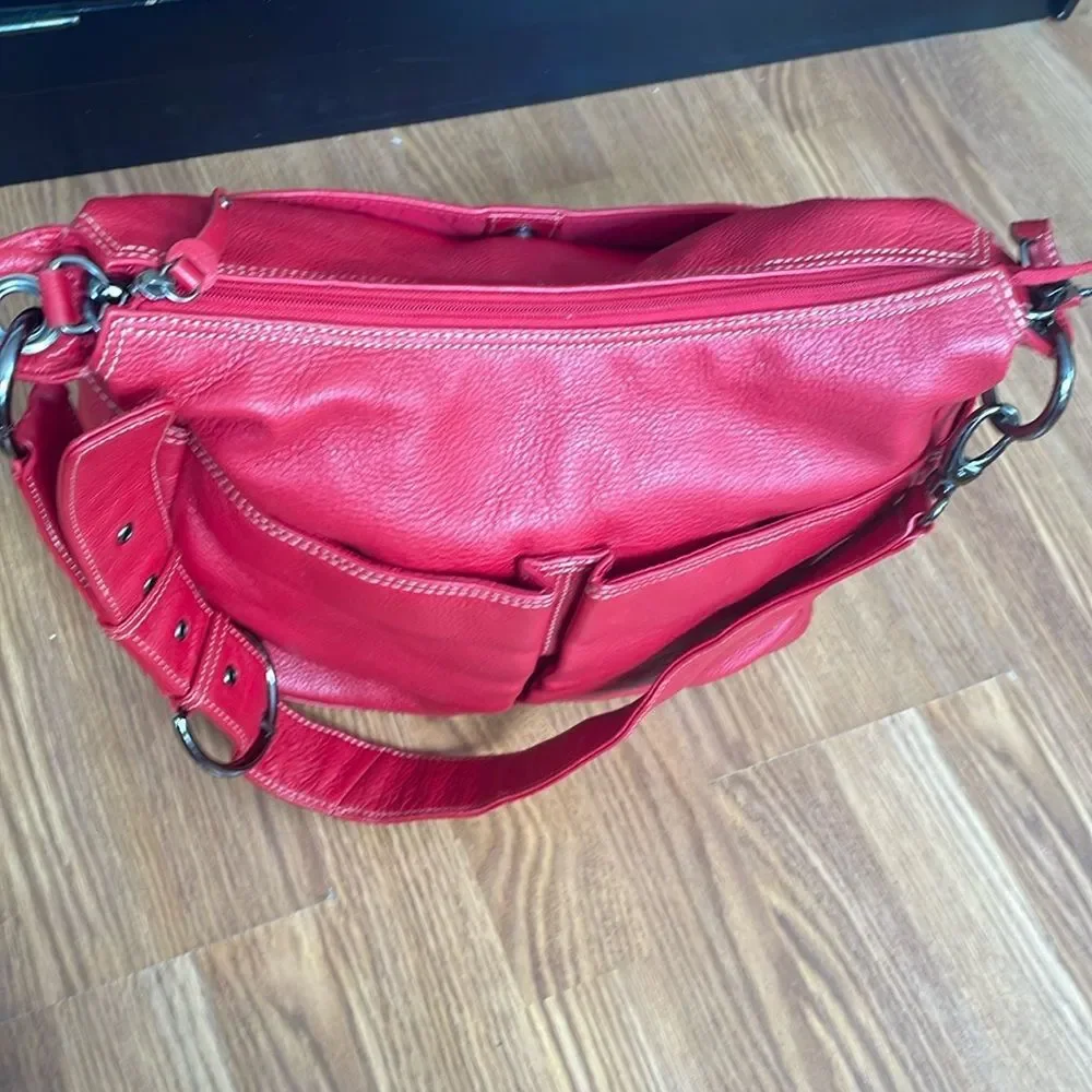 OiOi Diaper Bag Pompeian Red Leather Two Pocket Hobo Quality Made Retails $230